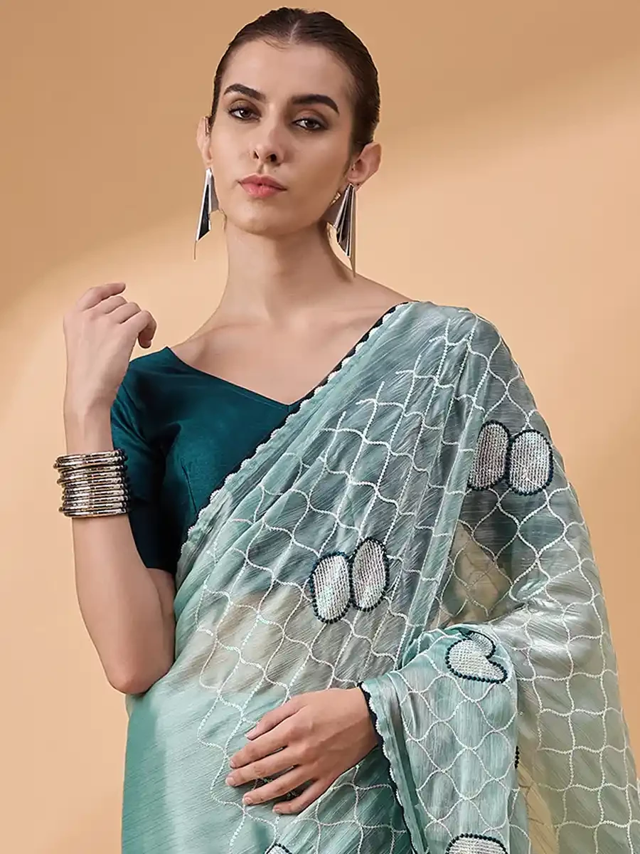 Blue Organza Embroidered Festival Casual Classic Style Saree