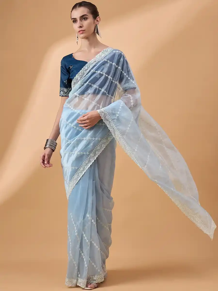 Blue Organza Embroidered Festival Casual Classic Style Saree