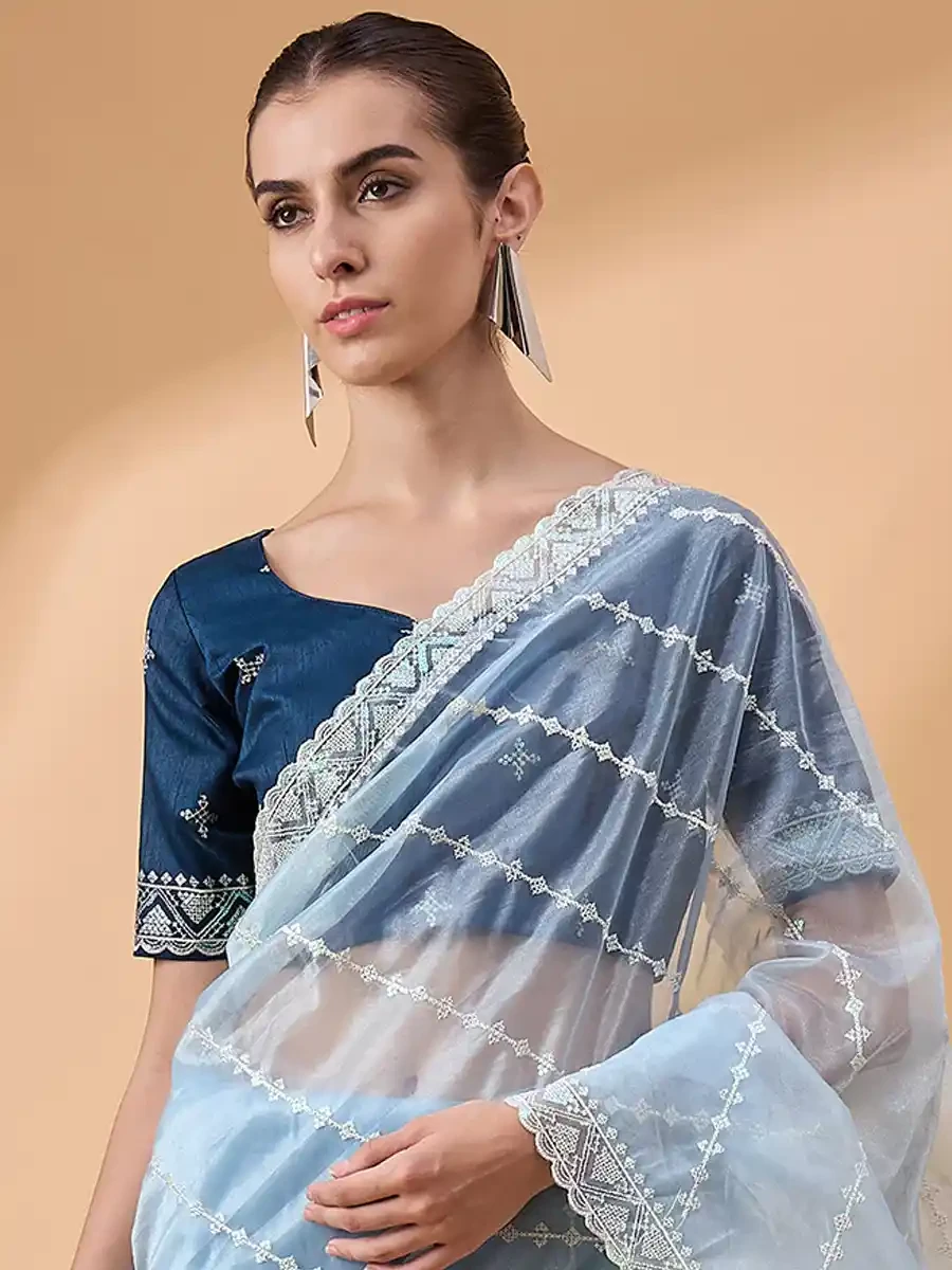 Blue Organza Embroidered Festival Casual Classic Style Saree