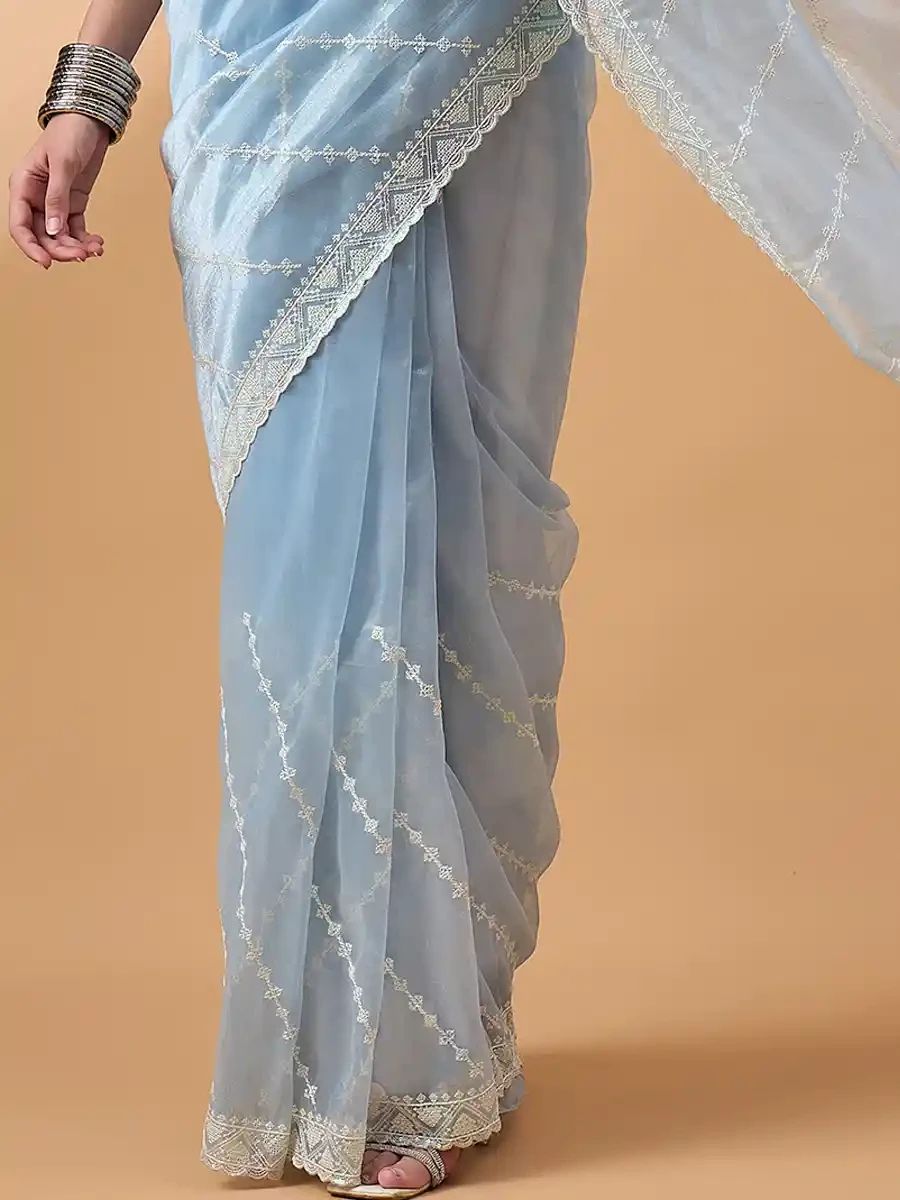 Blue Organza Embroidered Festival Casual Classic Style Saree