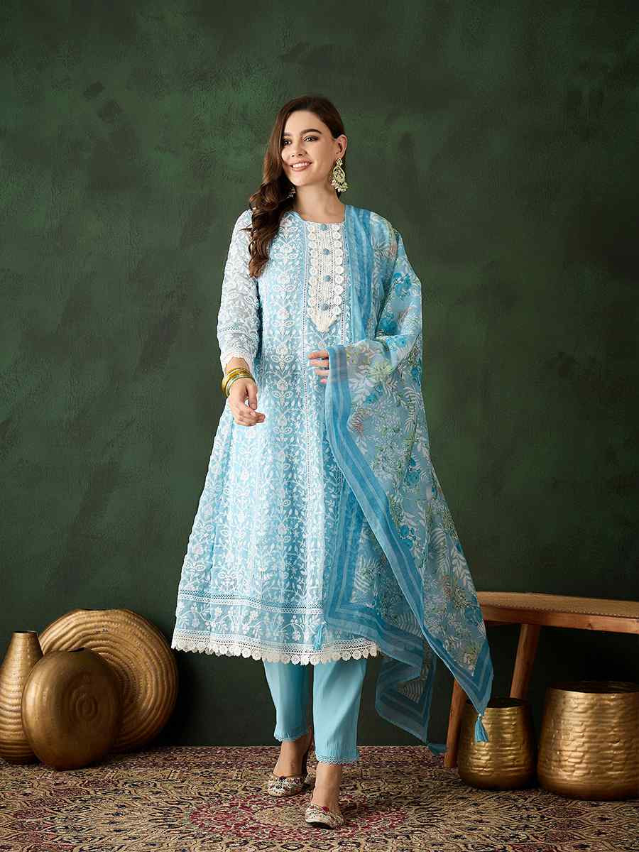 Blue Organza Embroidered Festival Casual Pant Salwar Kameez