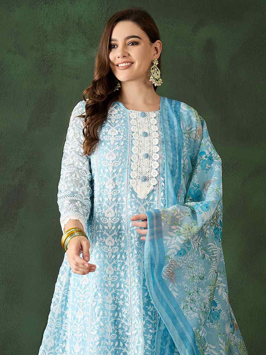 Blue Organza Embroidered Festival Casual Pant Salwar Kameez