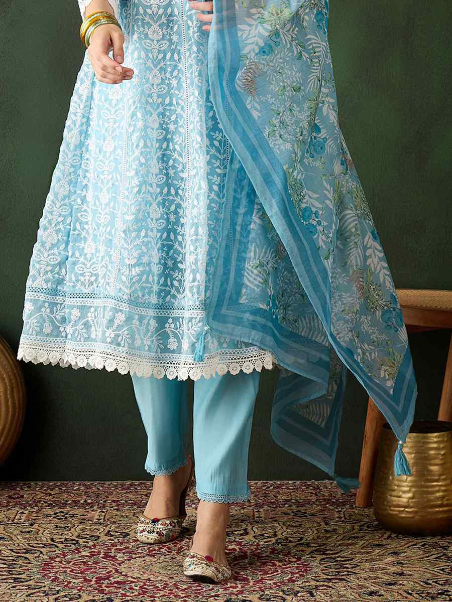 Blue Organza Embroidered Festival Casual Pant Salwar Kameez