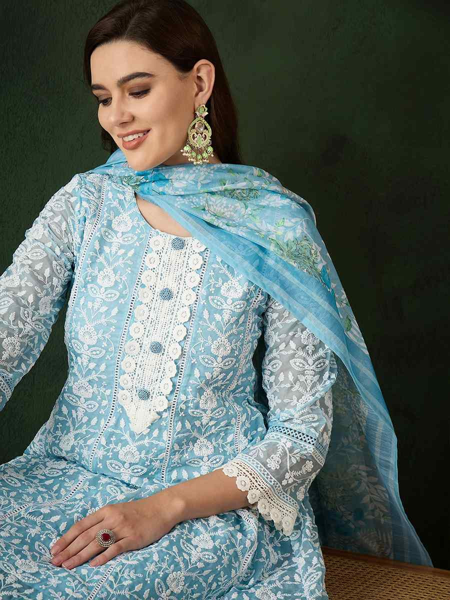 Blue Organza Embroidered Festival Casual Pant Salwar Kameez