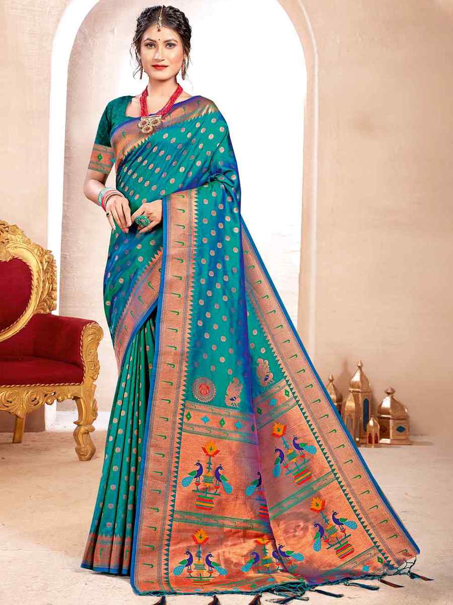 Blue Paithani Silk Handwoven Wedding Festival Heavy Border Saree