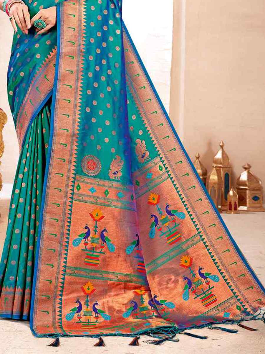 Blue Paithani Silk Handwoven Wedding Festival Heavy Border Saree