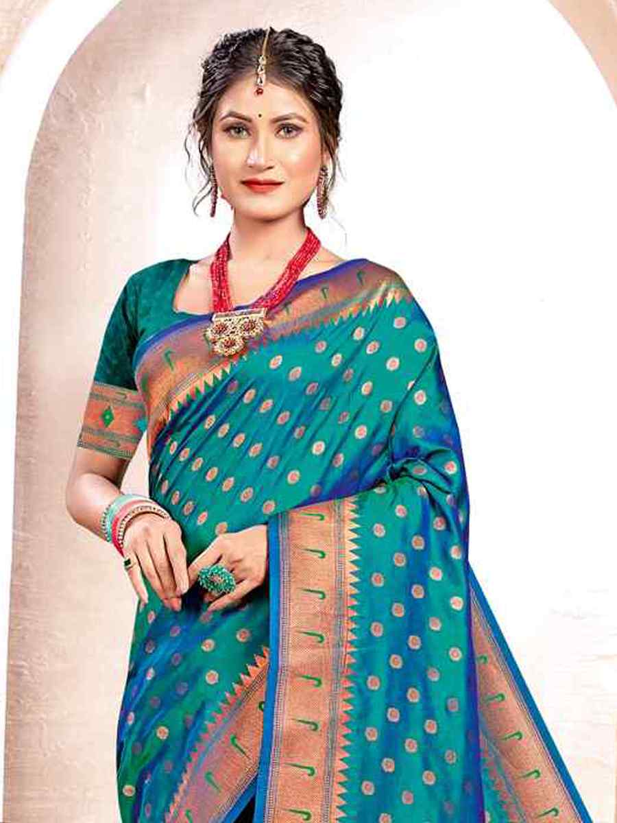 Blue Paithani Silk Handwoven Wedding Festival Heavy Border Saree