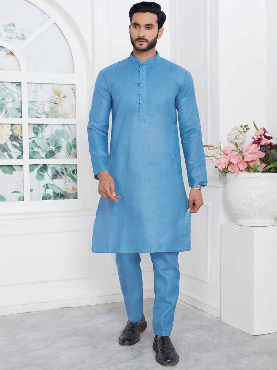 Blue Premium Linen Cotton Plain Festival Casual Kurta