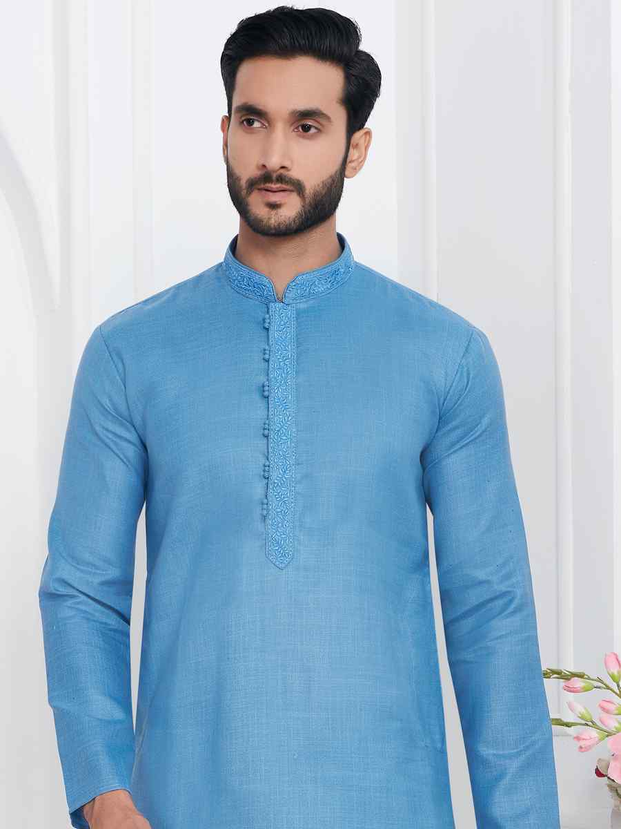 Blue Premium Linen Cotton Plain Festival Casual Kurta