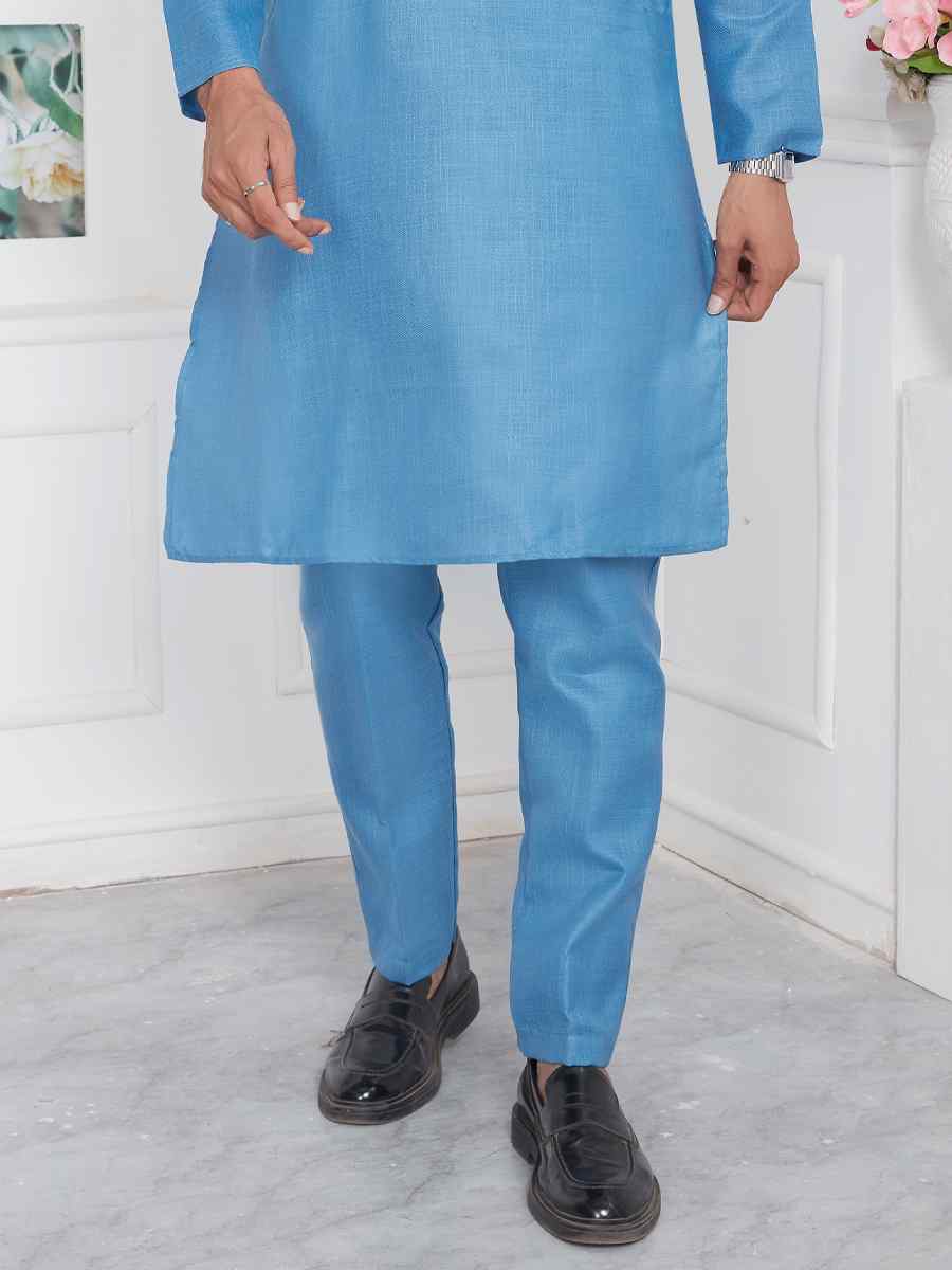 Blue Premium Linen Cotton Plain Festival Casual Kurta