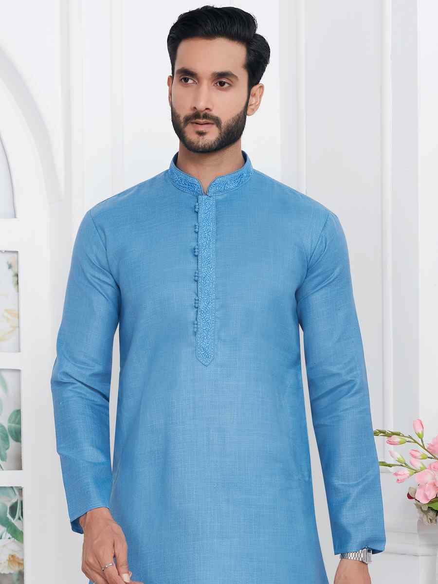 Blue Premium Linen Cotton Plain Festival Casual Kurta