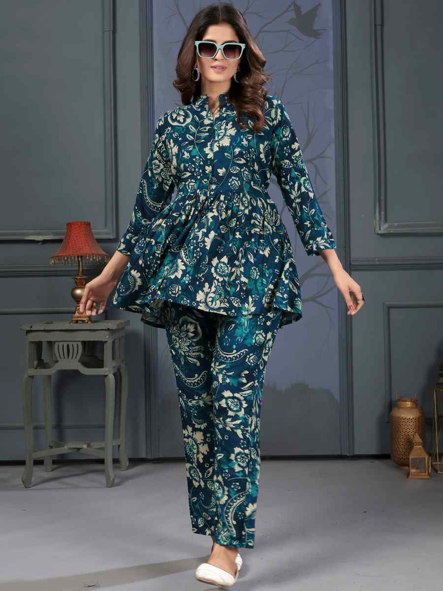 Blue Premium Rayon Printed Festival Casual Ready Pant Salwar Kameez