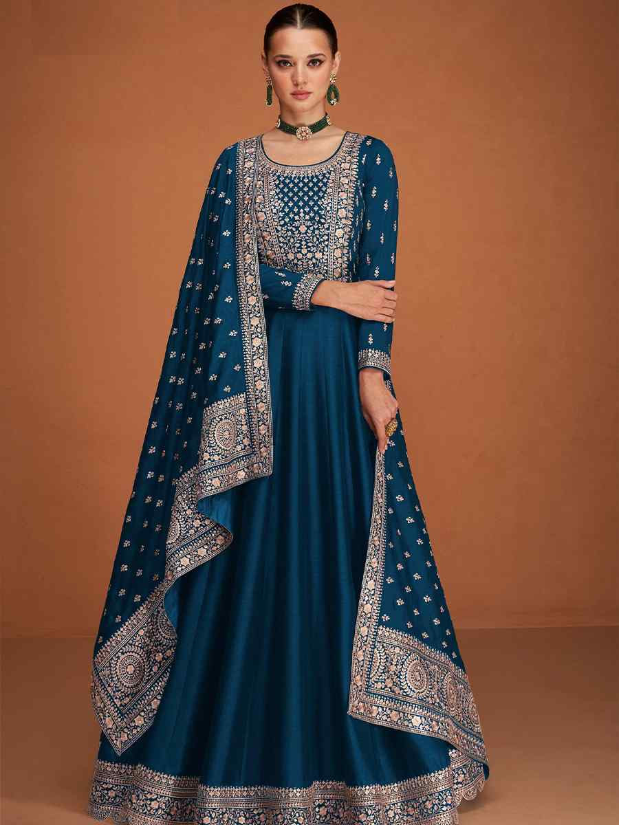 Blue Premium Silk Embroidered Festival Wedding Anarkali Salwar Kameez