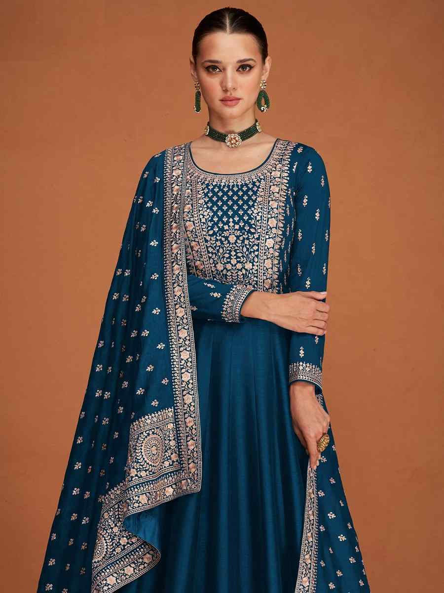 Blue Premium Silk Embroidered Festival Wedding Anarkali Salwar Kameez