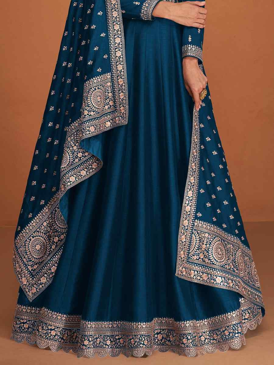 Blue Premium Silk Embroidered Festival Wedding Anarkali Salwar Kameez