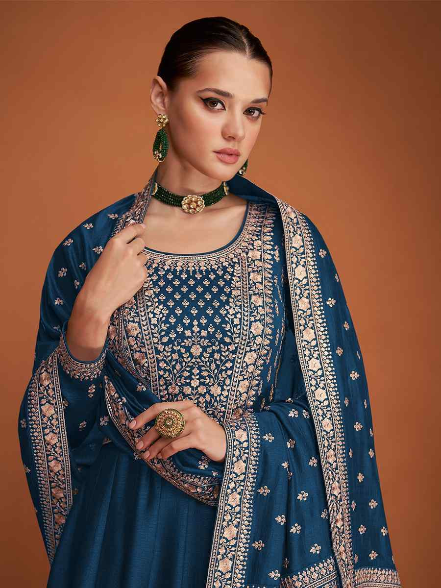 Blue Premium Silk Embroidered Festival Wedding Anarkali Salwar Kameez