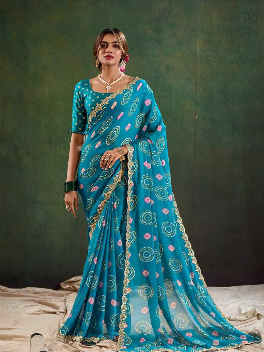 Blue Pure Chiffon Embroidered Festival Wedding Classic Style Saree