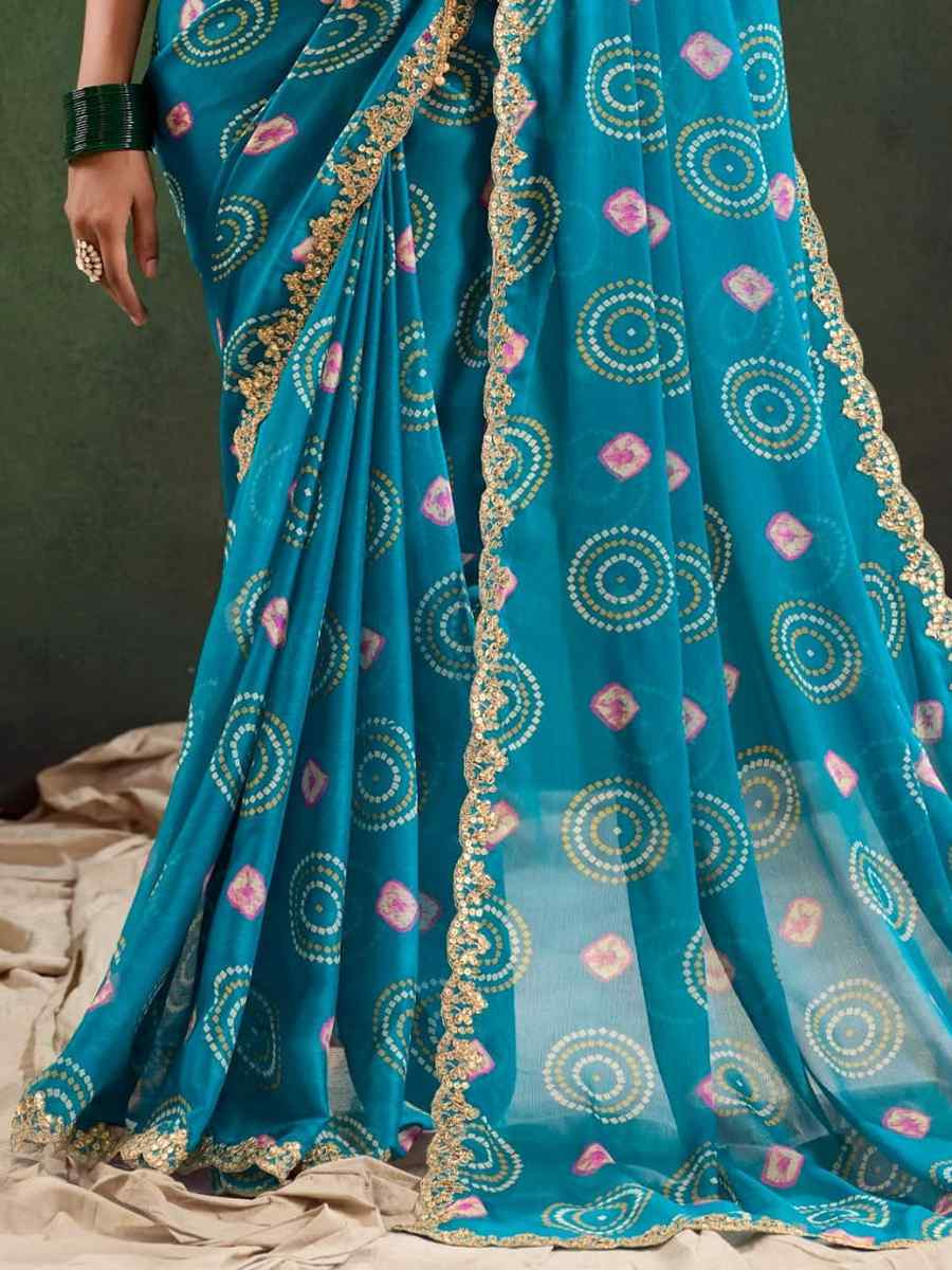 Blue Pure Chiffon Embroidered Festival Wedding Classic Style Saree