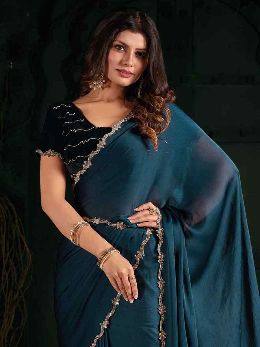 Blue Pure Chiffon Silk Handwoven Wedding Festival Heavy Border Saree