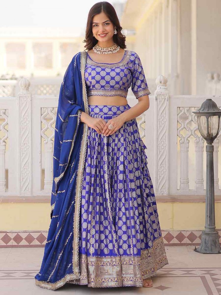 Blue Pure Dyable Viscose Jacquard Embroidered Festival Wedding Circular Lehenga Choli