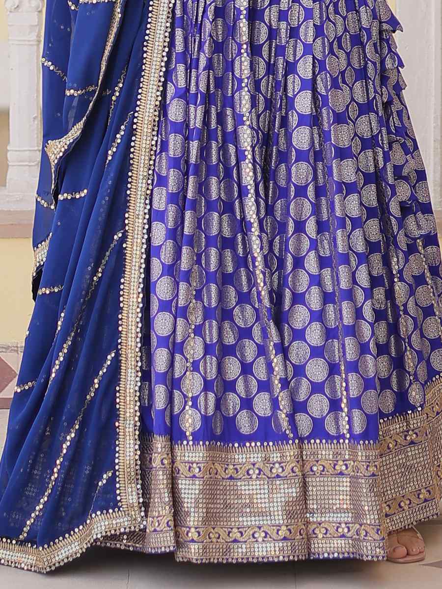 Blue Pure Dyable Viscose Jacquard Embroidered Festival Wedding Circular Lehenga Choli