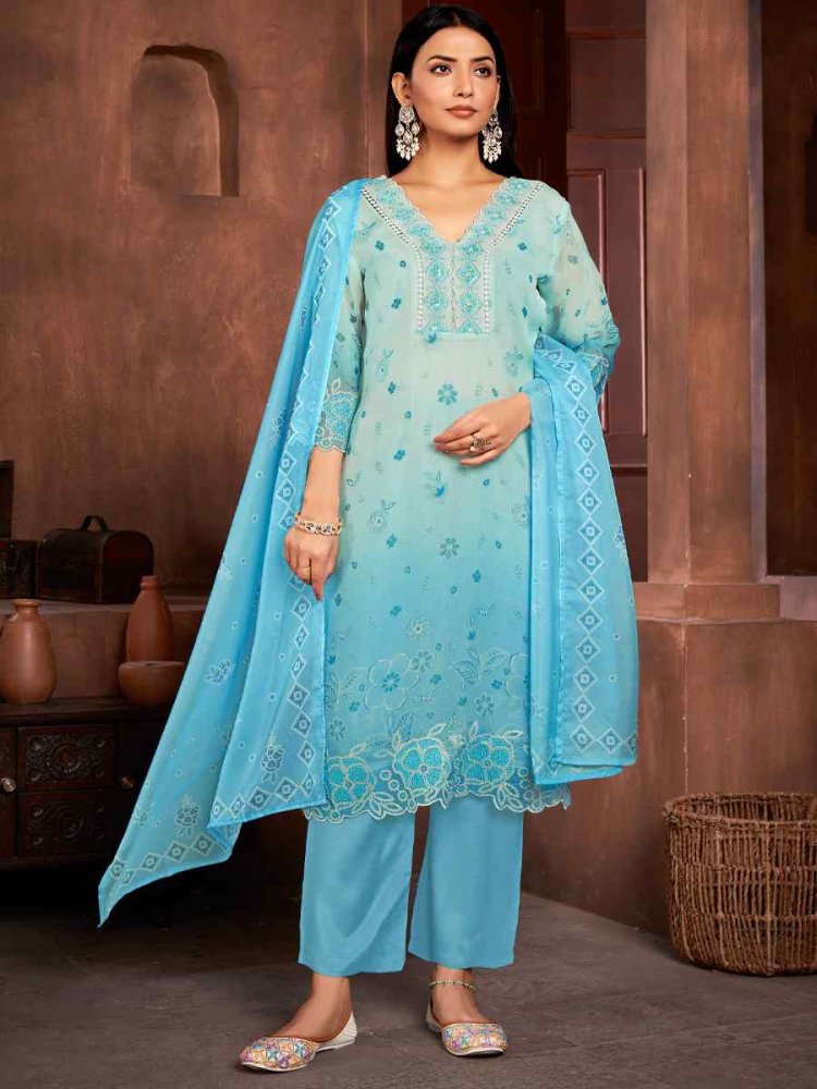 Blue Pure Organza Embroidered Festival Casual Ready Pant Salwar Kameez