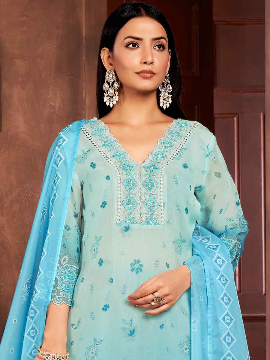 Blue Pure Organza Embroidered Festival Casual Ready Pant Salwar Kameez