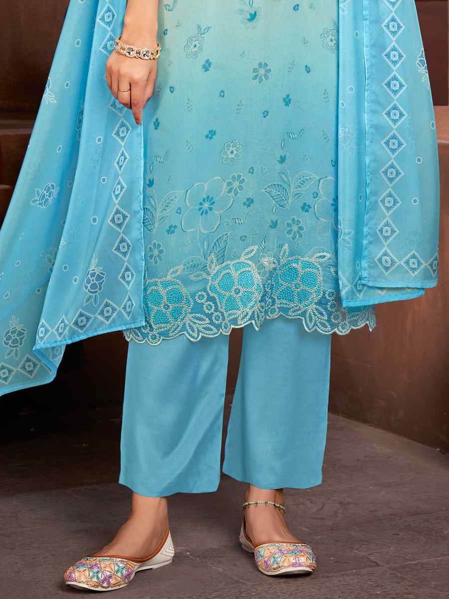 Blue Pure Organza Embroidered Festival Casual Ready Pant Salwar Kameez