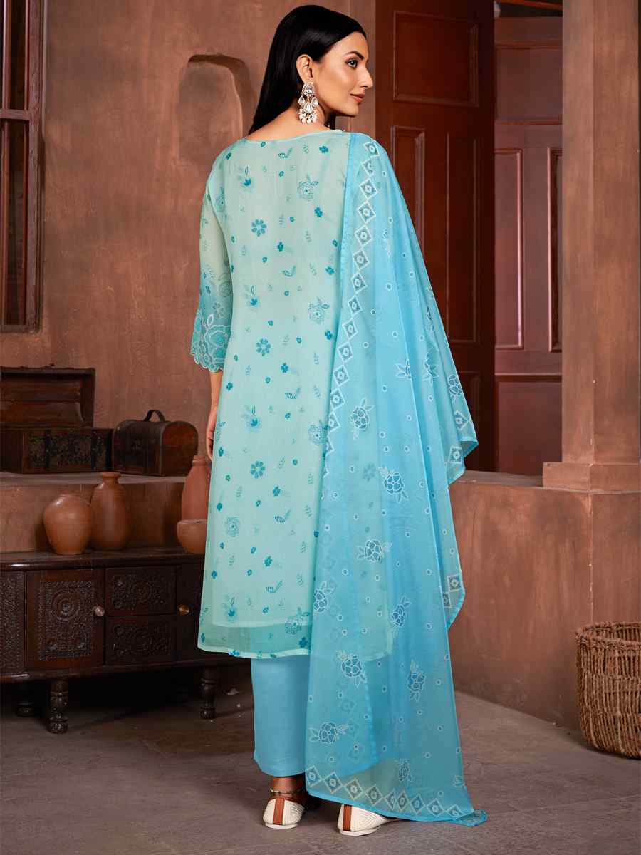 Blue Pure Organza Embroidered Festival Casual Ready Pant Salwar Kameez