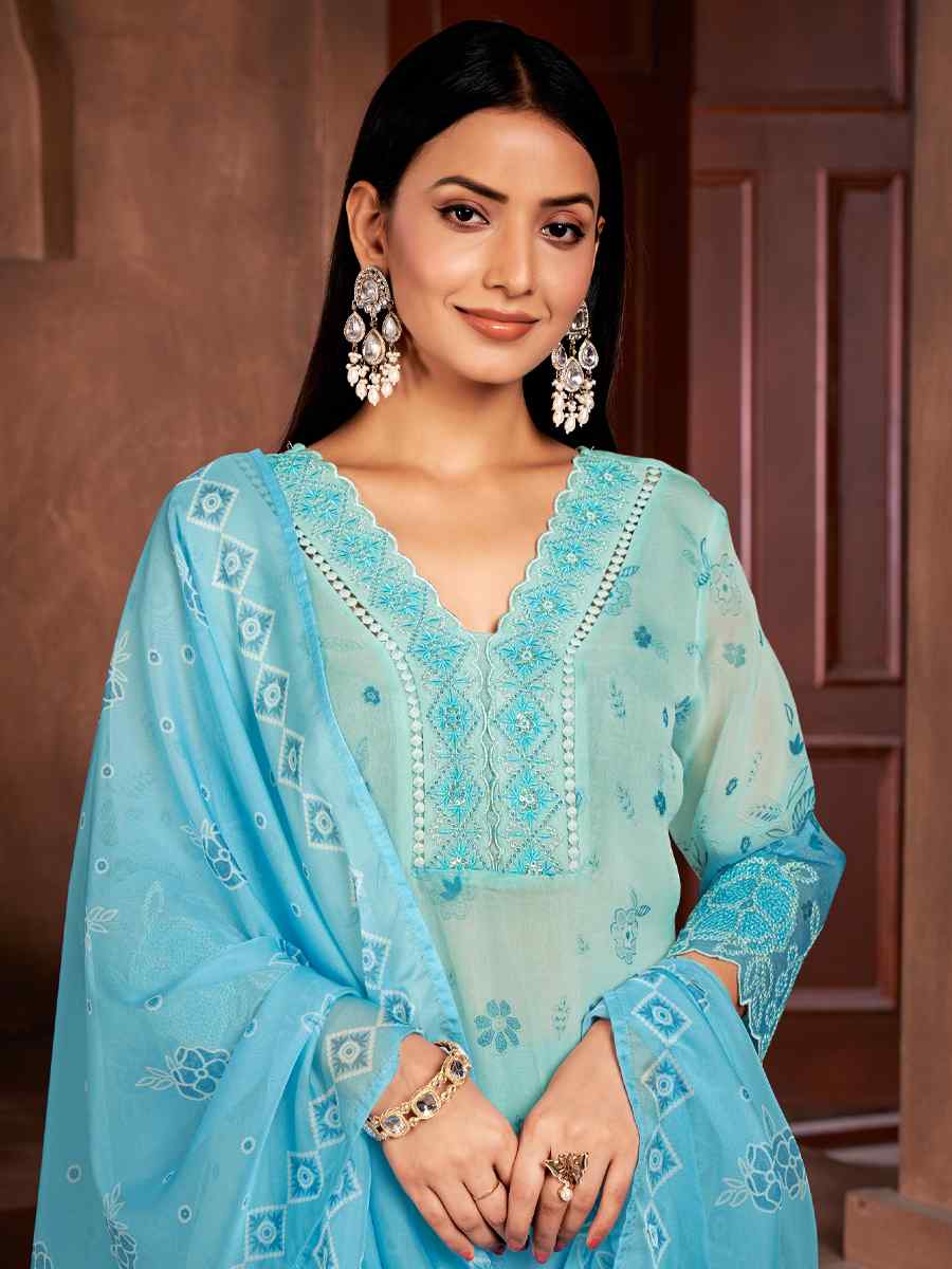 Blue Pure Organza Embroidered Festival Casual Ready Pant Salwar Kameez