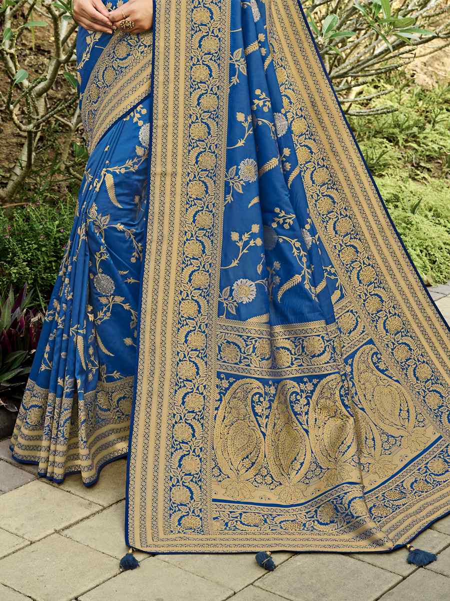 Blue Pure Satin Banarasi Silk Handwoven Wedding Festival Heavy Border Saree