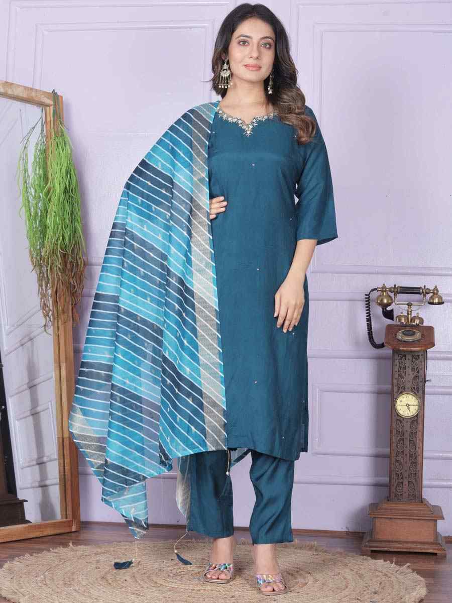 Blue Pure Viscose Muslin Embroidered Festival Mehendi Ready Pant Salwar Kameez