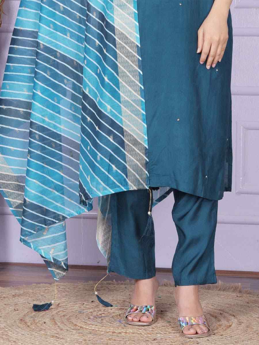 Blue Pure Viscose Muslin Embroidered Festival Mehendi Ready Pant Salwar Kameez