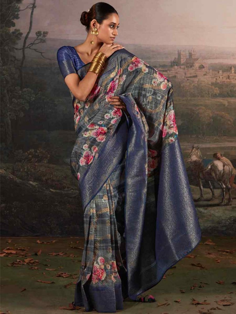 Blue Pure Zari Linen Handwoven Casual Festival Classic Style Saree
