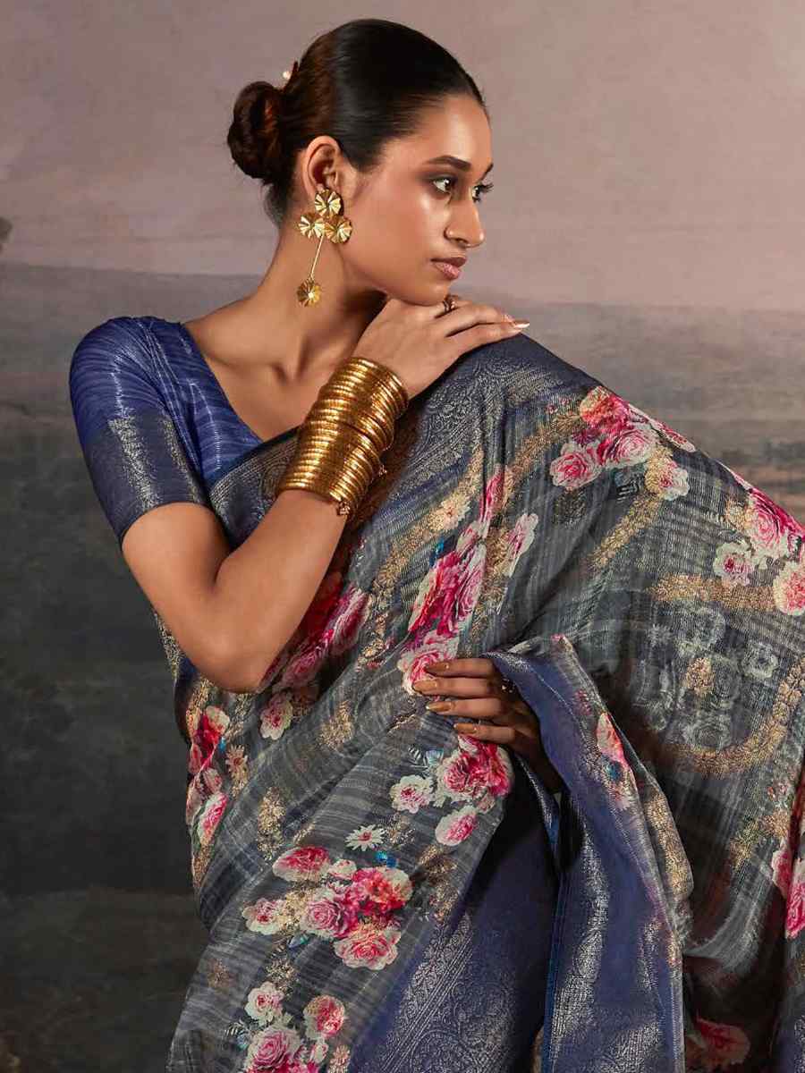 Blue Pure Zari Linen Handwoven Casual Festival Classic Style Saree