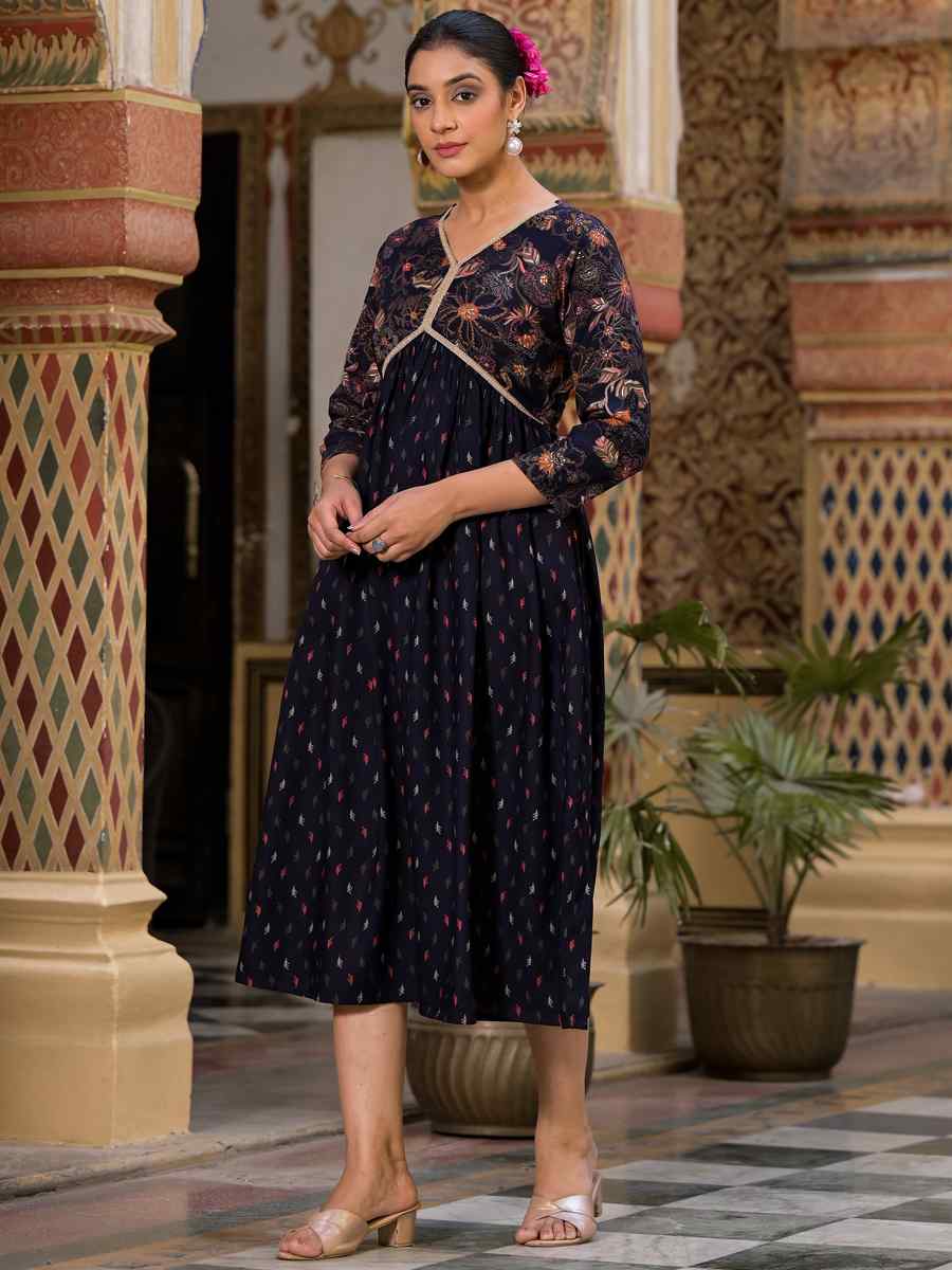 Blue Rayon Embroidered Festival Casual Gown