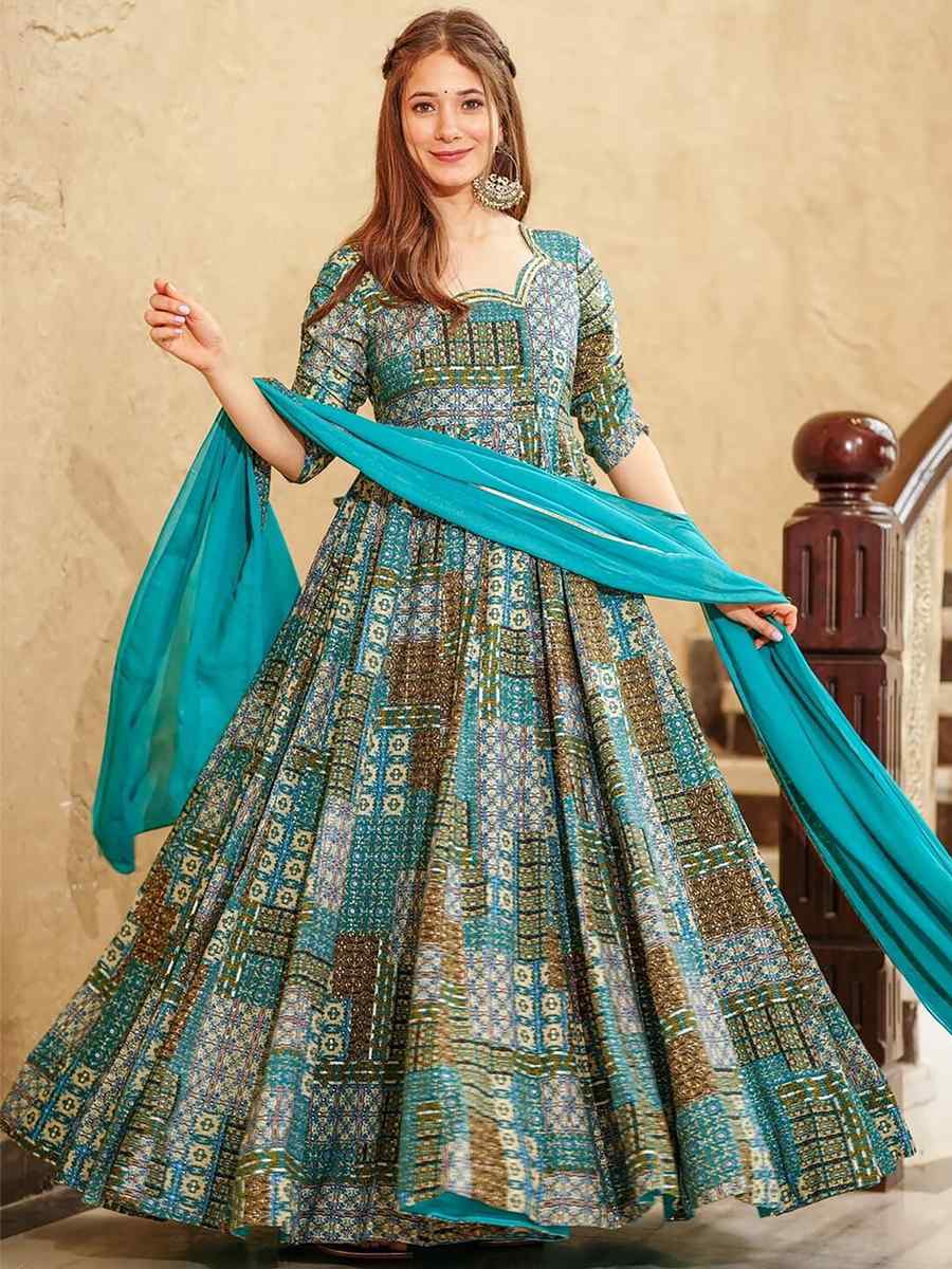 Blue Rayon Printed Festival Mehendi Gown