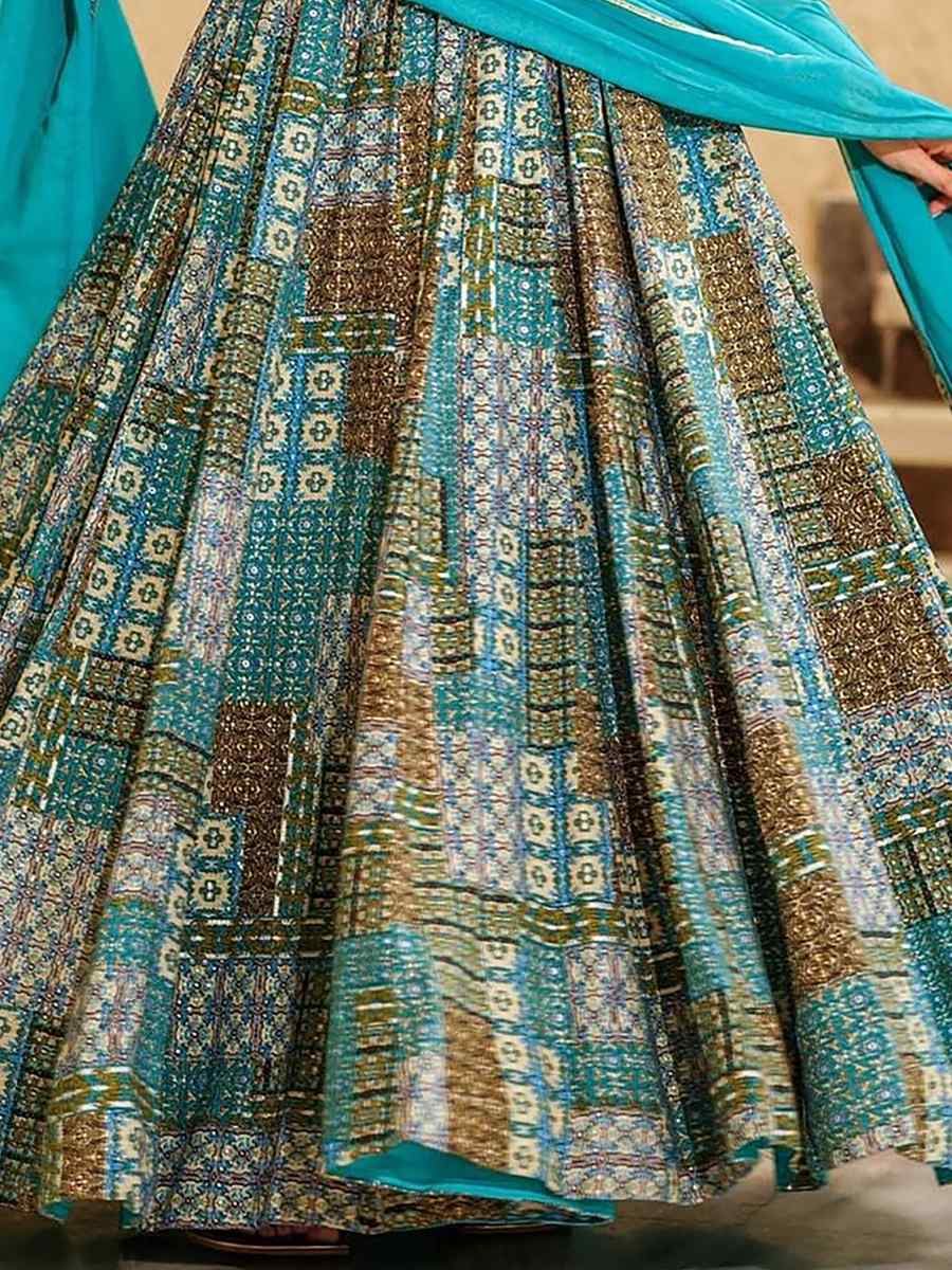 Blue Rayon Printed Festival Mehendi Gown