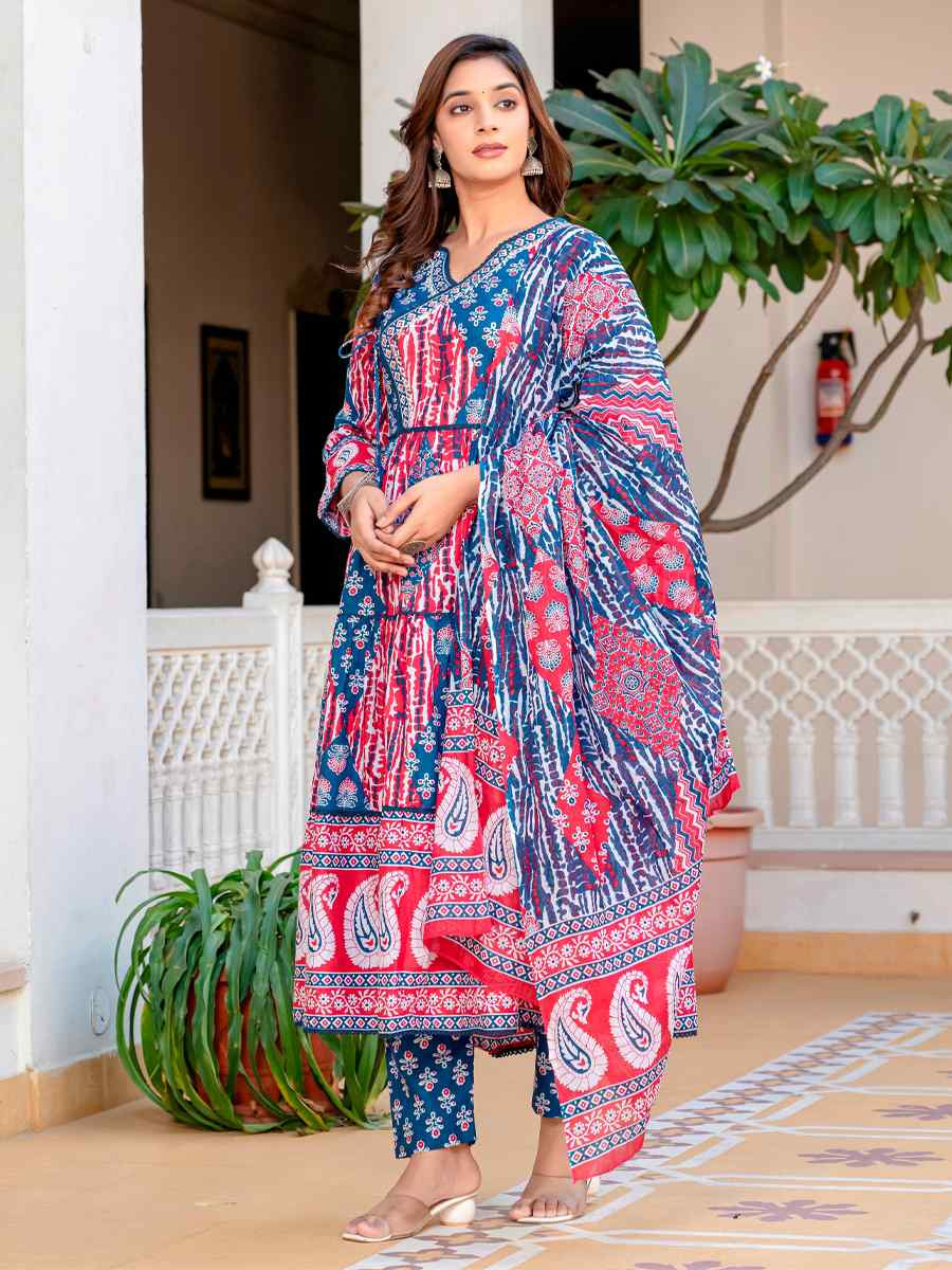 Blue Red Cotton Embroidered Festival Casual Anarkali Salwar Kameez