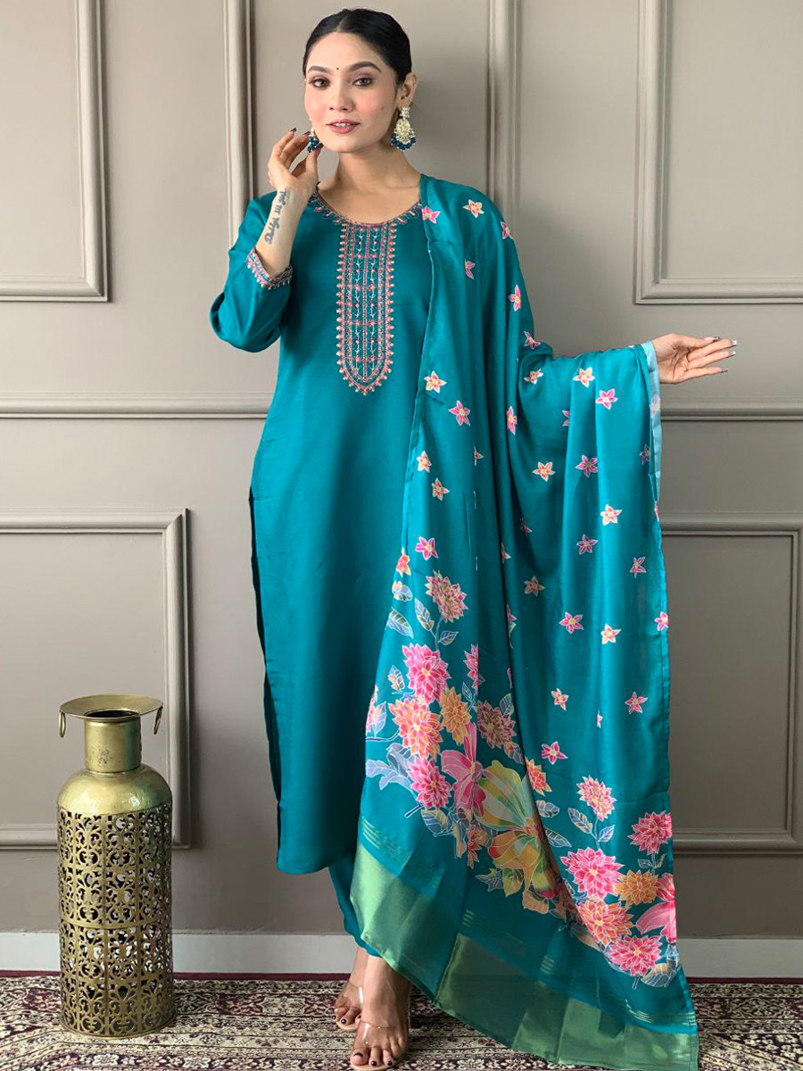 Blue Roman Silk Embroidered Festival Casual Ready Pant Salwar Kameez