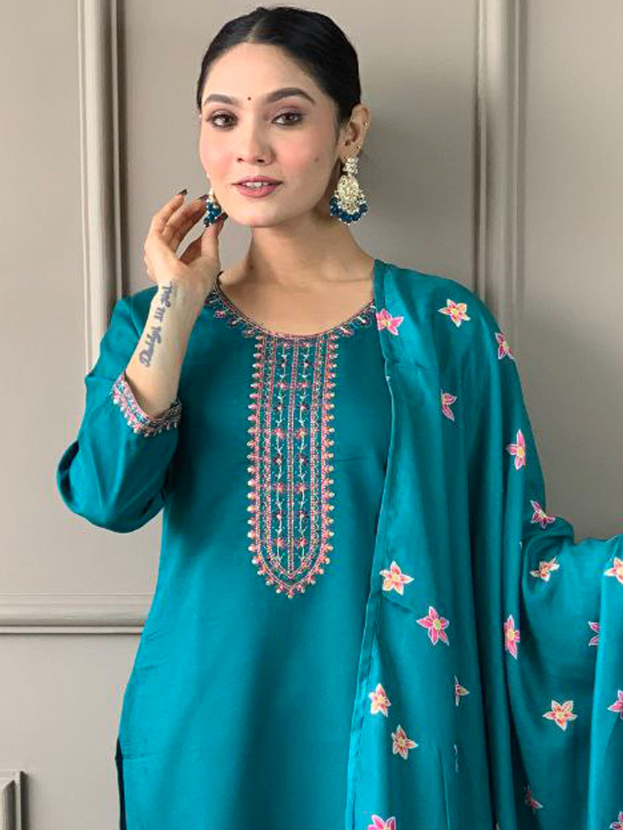 Blue Roman Silk Embroidered Festival Casual Ready Pant Salwar Kameez