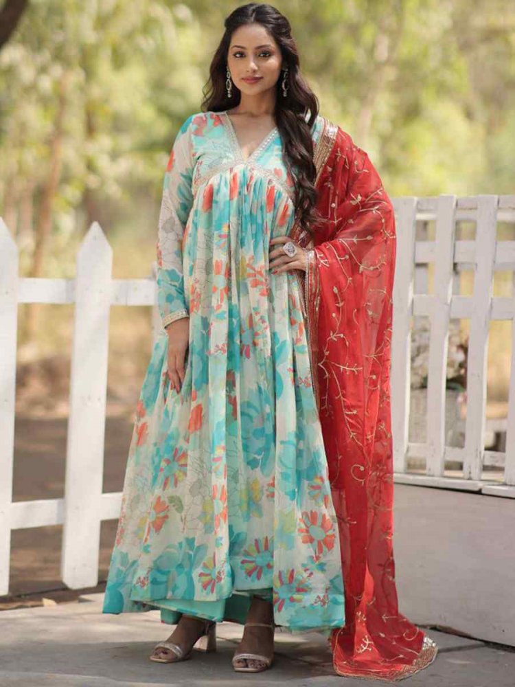 Blue Russian Silk Embroidered Festival Casual Gown