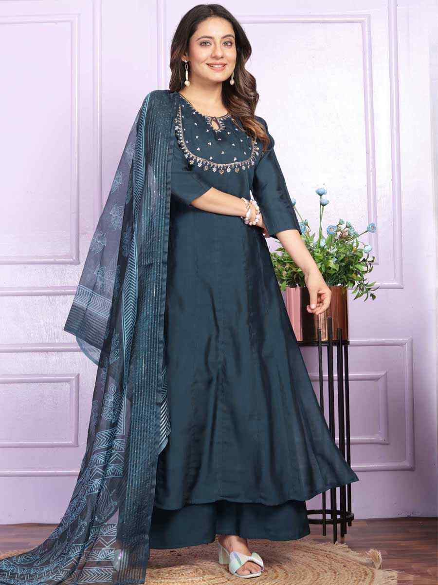 Blue Russian Silk Embroidered Festival Mehendi Ready Anarkali Salwar Kameez