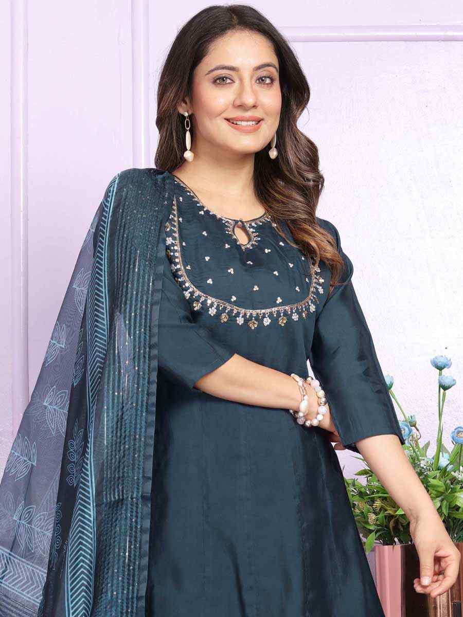 Blue Russian Silk Embroidered Festival Mehendi Ready Anarkali Salwar Kameez