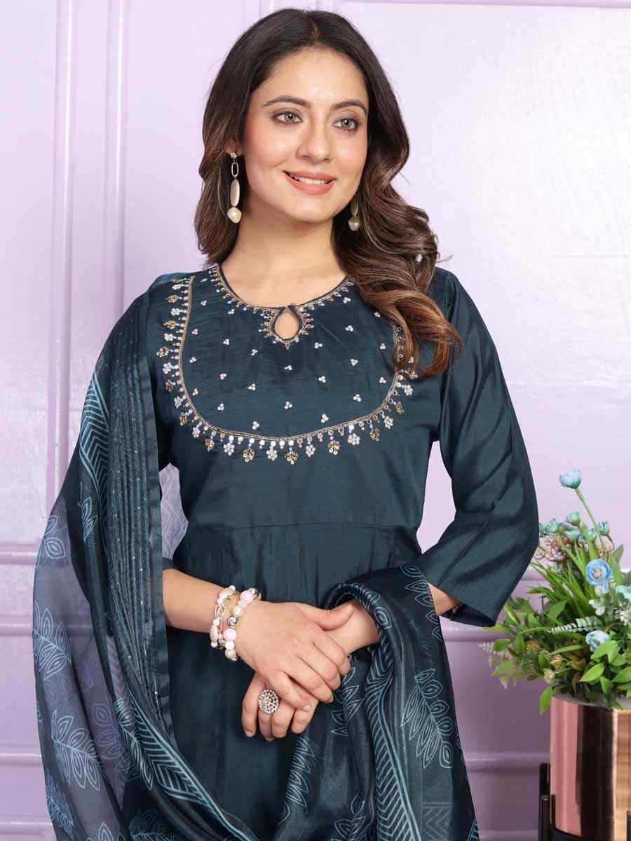 Blue Russian Silk Embroidered Festival Mehendi Ready Anarkali Salwar Kameez