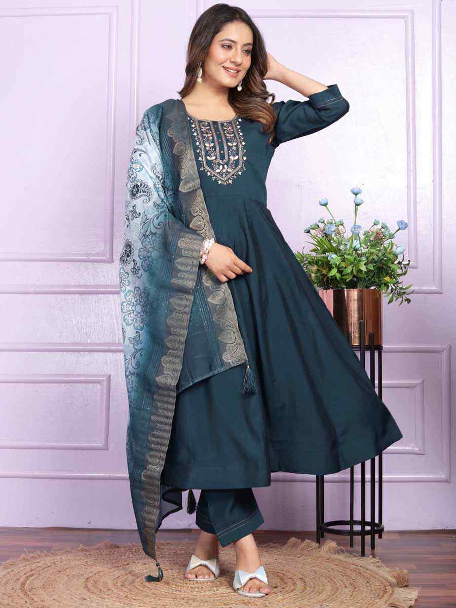 Blue Russian Silk Embroidered Festival Mehendi Ready Anarkali Salwar Kameez