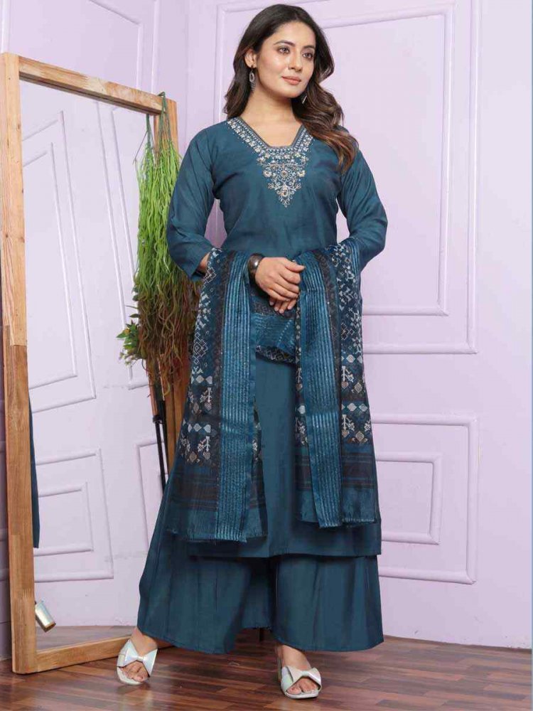 Blue Russian Silk Embroidered Festival Mehendi Ready Anarkali Salwar Kameez