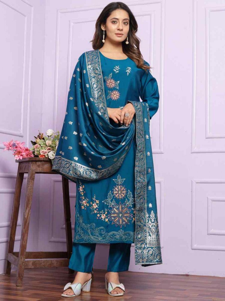 Blue Russian Silk Embroidered Festival Mehendi Ready Pant Salwar Kameez