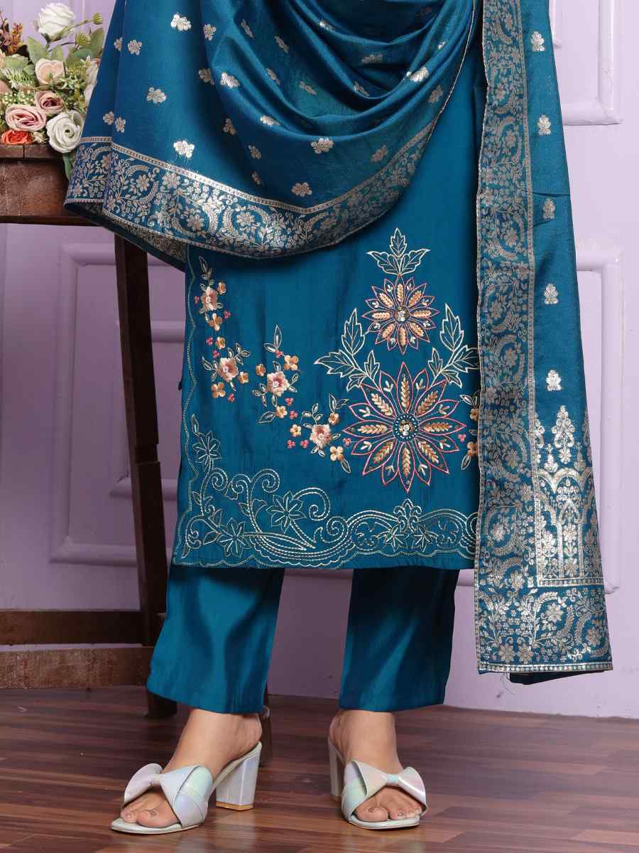 Blue Russian Silk Embroidered Festival Mehendi Ready Pant Salwar Kameez