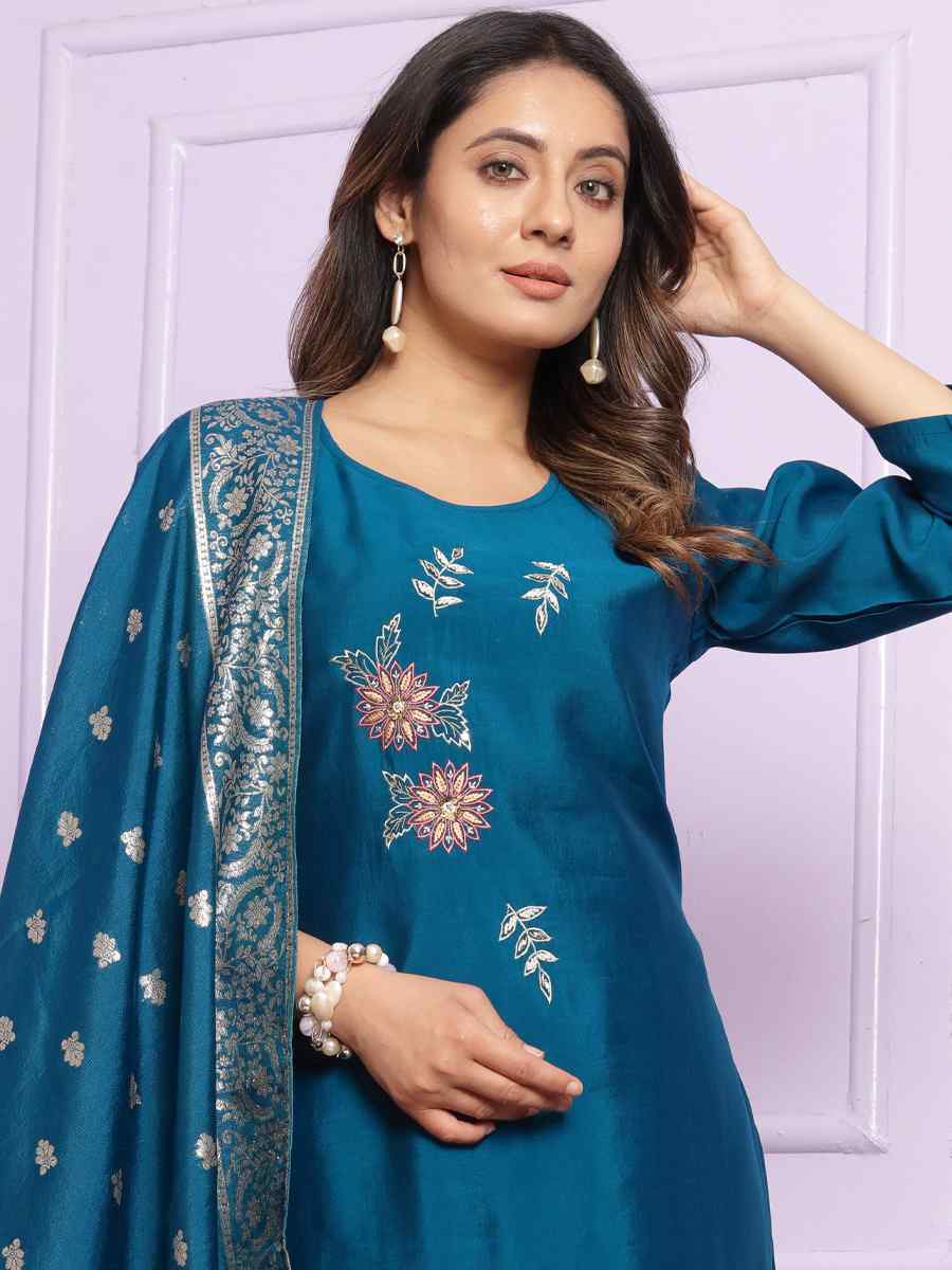 Blue Russian Silk Embroidered Festival Mehendi Ready Pant Salwar Kameez